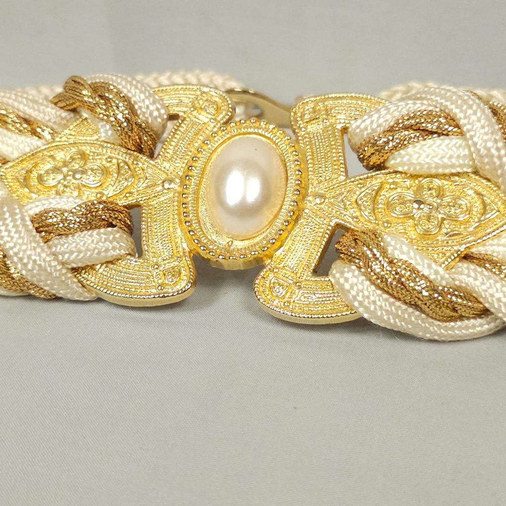 Vintage Braided Rope Cinch Belt Women M / L Gold Ivory White Faux Pearl Glam - Picture 5 of 12